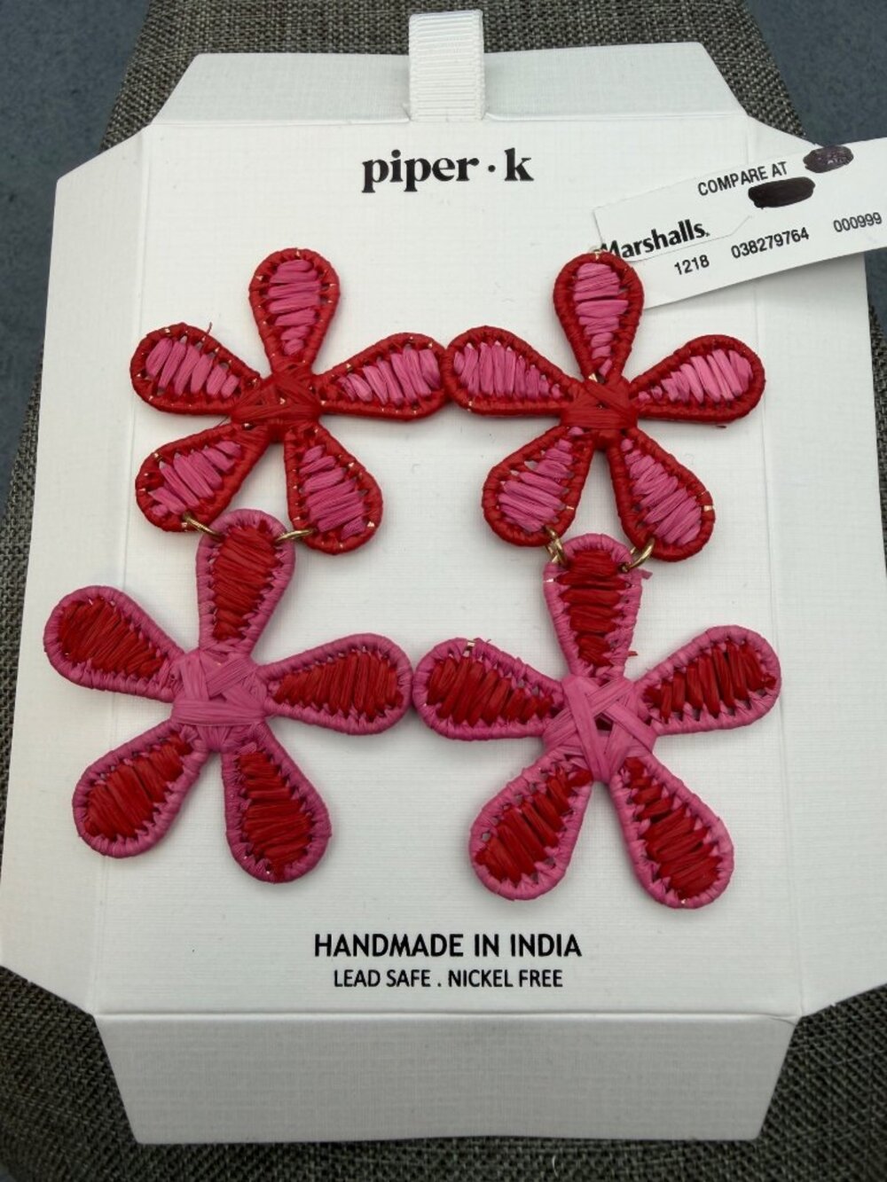 Piper K Flower Pierced Earrings 3.5 In Drop Red Pink Raffia Boho Barbie Retro